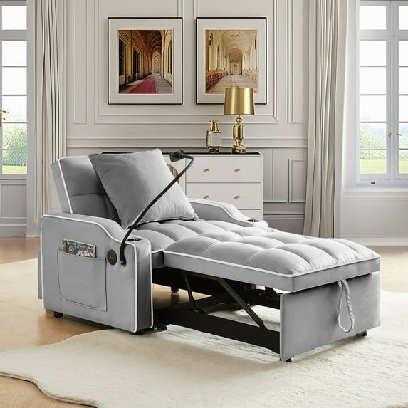 Lunale 4-in-1 Convertible Sleeper Chair Bed with Charge Ports & Phone Stand, Gray Velvet