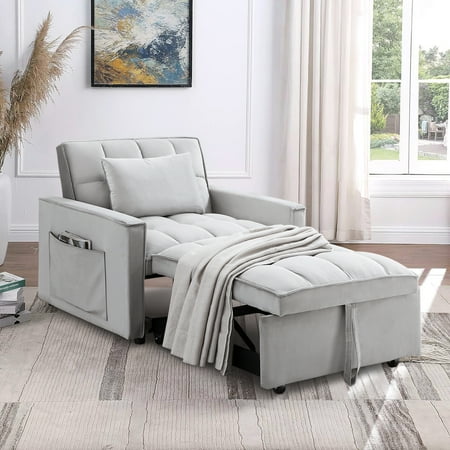 Lunale 3-in-1 Convertible Sleeper Sofa Chair Bed, Lounge Chair Indoor, Modern Single Couch for Living Room, Small Spaces, Gray Velvet