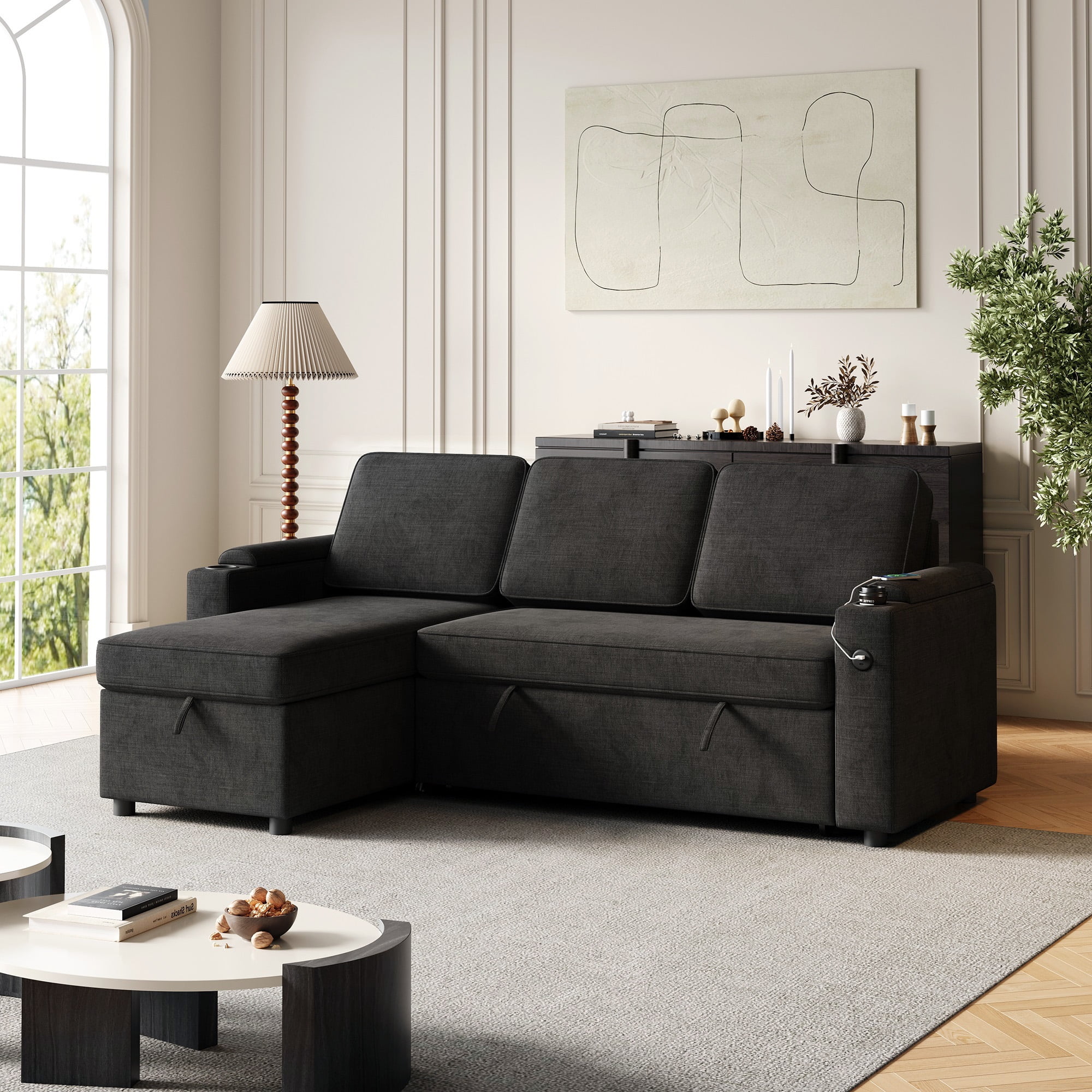 Dinosisco 3-in-1 Sectional Sleeper Sofa with Storage Chaise & Armrests, USB, Cup Holders, 85.8" Convertible L-Shaped Sofa Bed for Living Room, Apartment, Black Linen