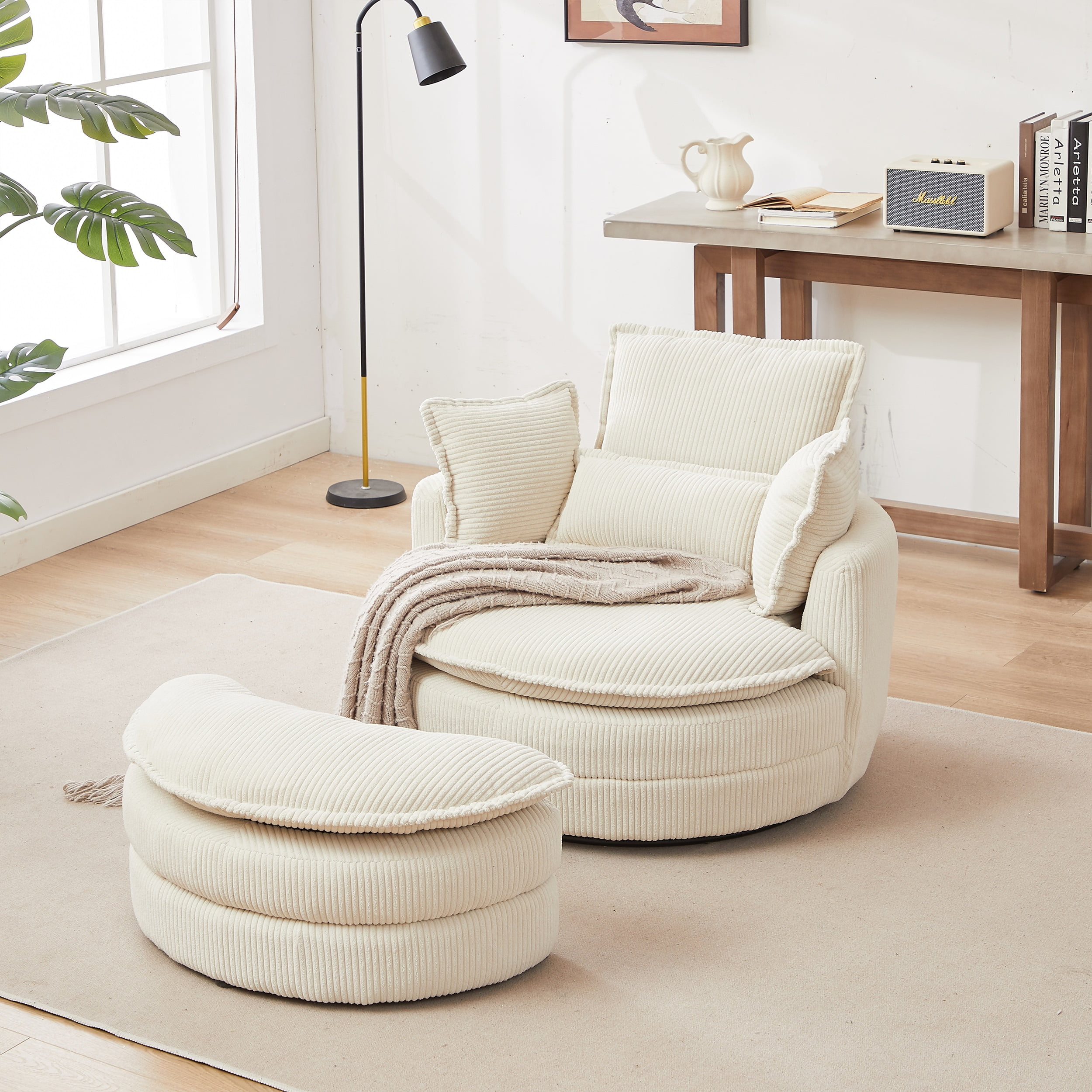Dinosisco 38"W Oversized Swivel Accent Barrel Chair with Storage Ottoman, Beige Corduroy