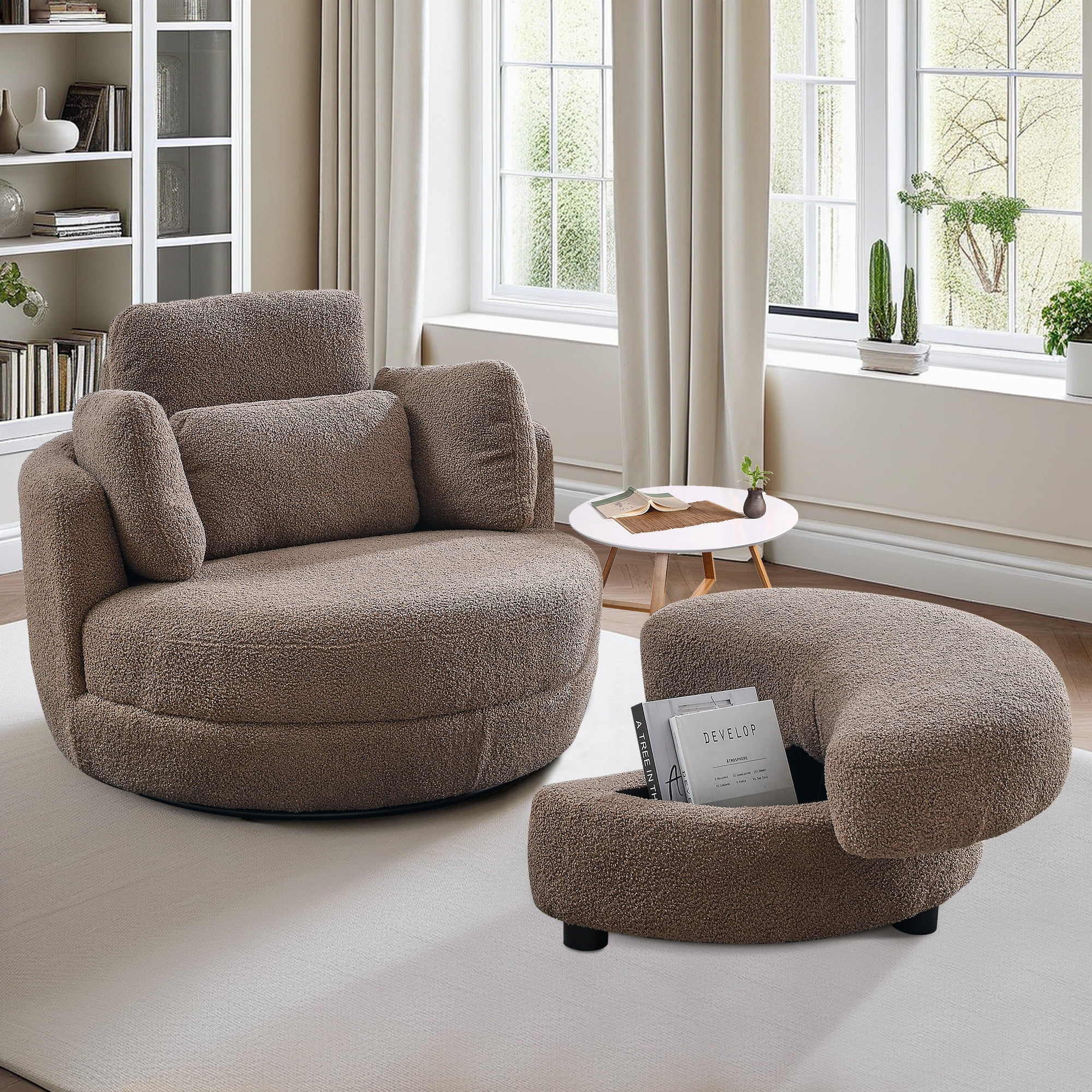Dinosisco 39"W Oversized Swivel Accent Barrel Chair with Storage Ottoman, Brown Teddy