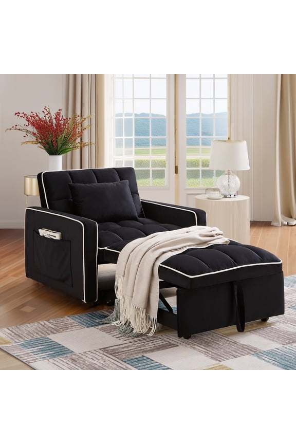4-in-1 Convertible Chair Bed, Sleeper Chair Lounge Chair Indoor, Modern Single Pull Out Couch for Living Room, Black Velvet