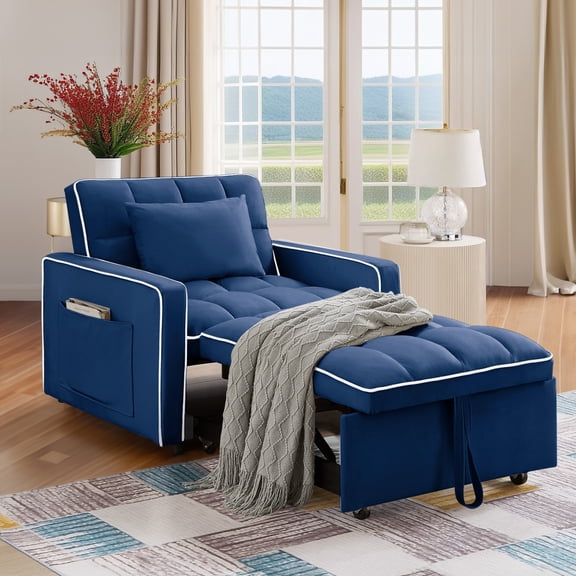 Dinosisco 4-in-1 Convertible Chair Bed, Sleeper Chair Lounge Chair Indoor, Modern Single Pull Out Couch for Living Room, Cobalt Blue Velvet