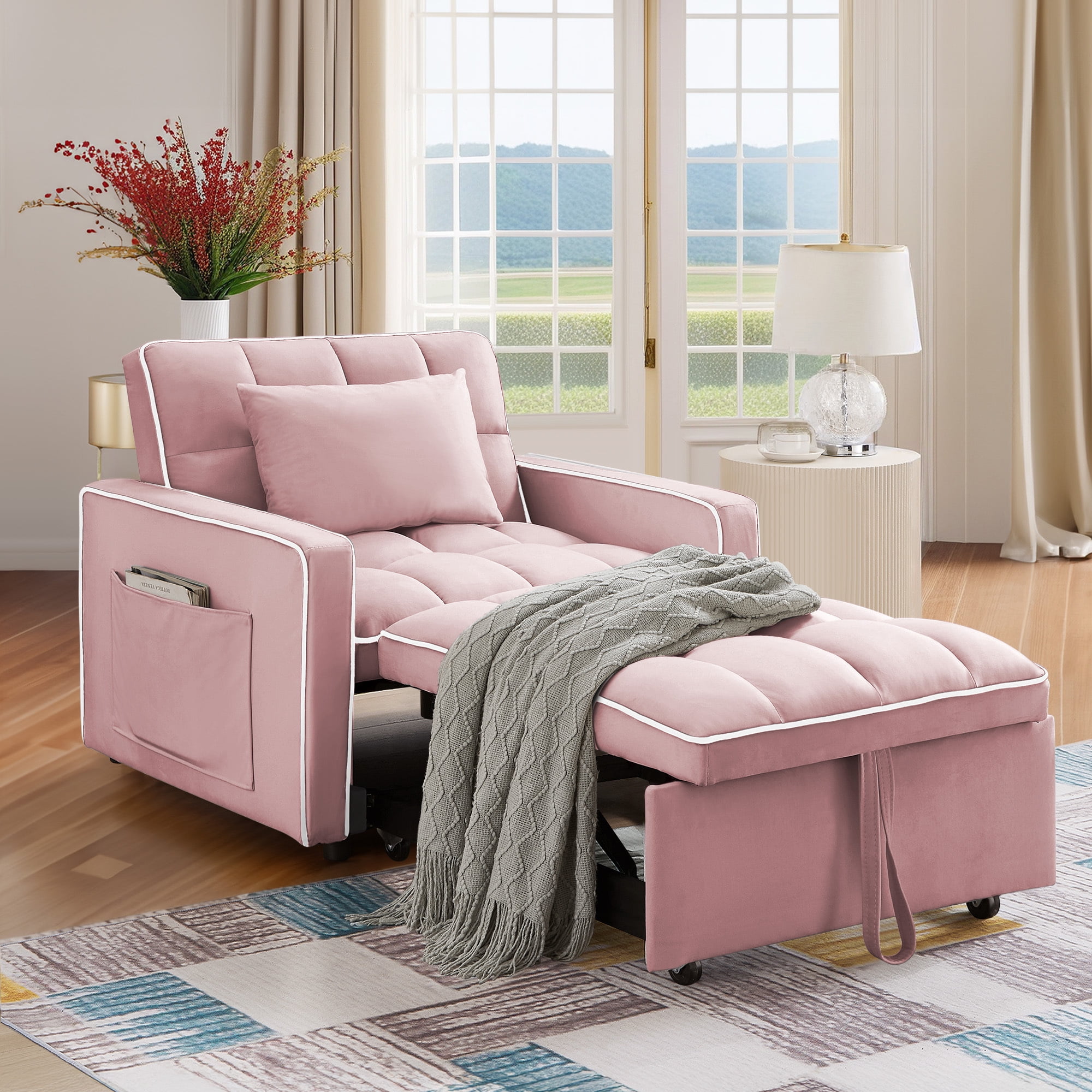 Dinosisco 4-in-1 Convertible Chair Bed, Sleeper Chair Lounge Chair Indoor, Modern Single Pull Out Couch for Living Room, Pink Velvet