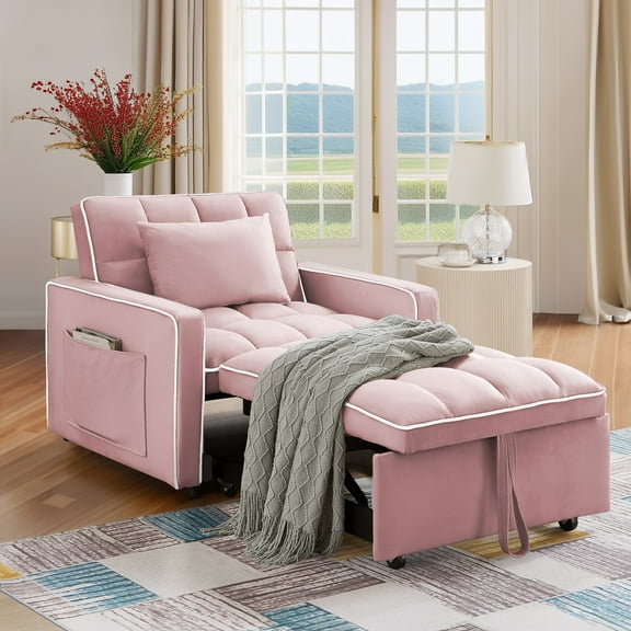 Dinosisco 4-in-1 Convertible Chair Bed, Sleeper Chair Lounge Chair Indoor, Modern Single Pull Out Couch for Living Room, Pink Velvet
