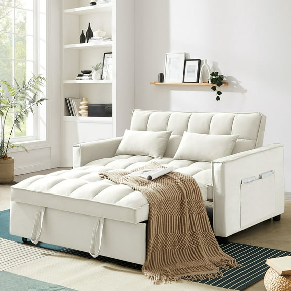 Lunale 4-in-1 Convertible Futon Sofa Bed, Pull Out Couch Beds Loveseat Sleeper, Beige Velvet