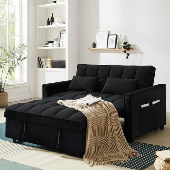 Lunale 4-in-1 Convertible Futon Sofa Bed, Pull Out Couch Beds Loveseat Sleeper, Black Velvet