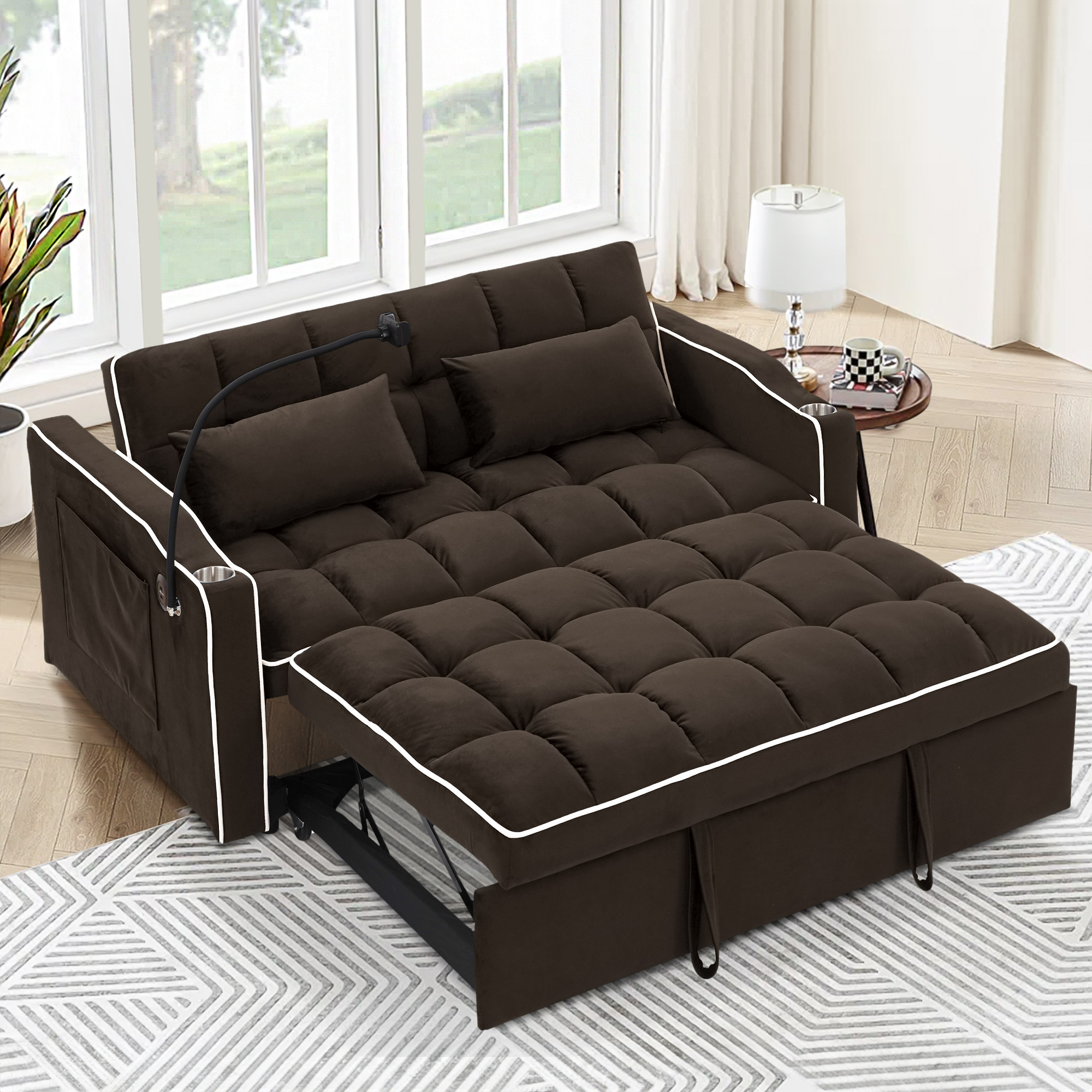 Dinosisco 4-in-1 Convertible Loveseat Sleeper, 55" Futon Sofa Bed with Phone Stand, USB, Brown Velvet