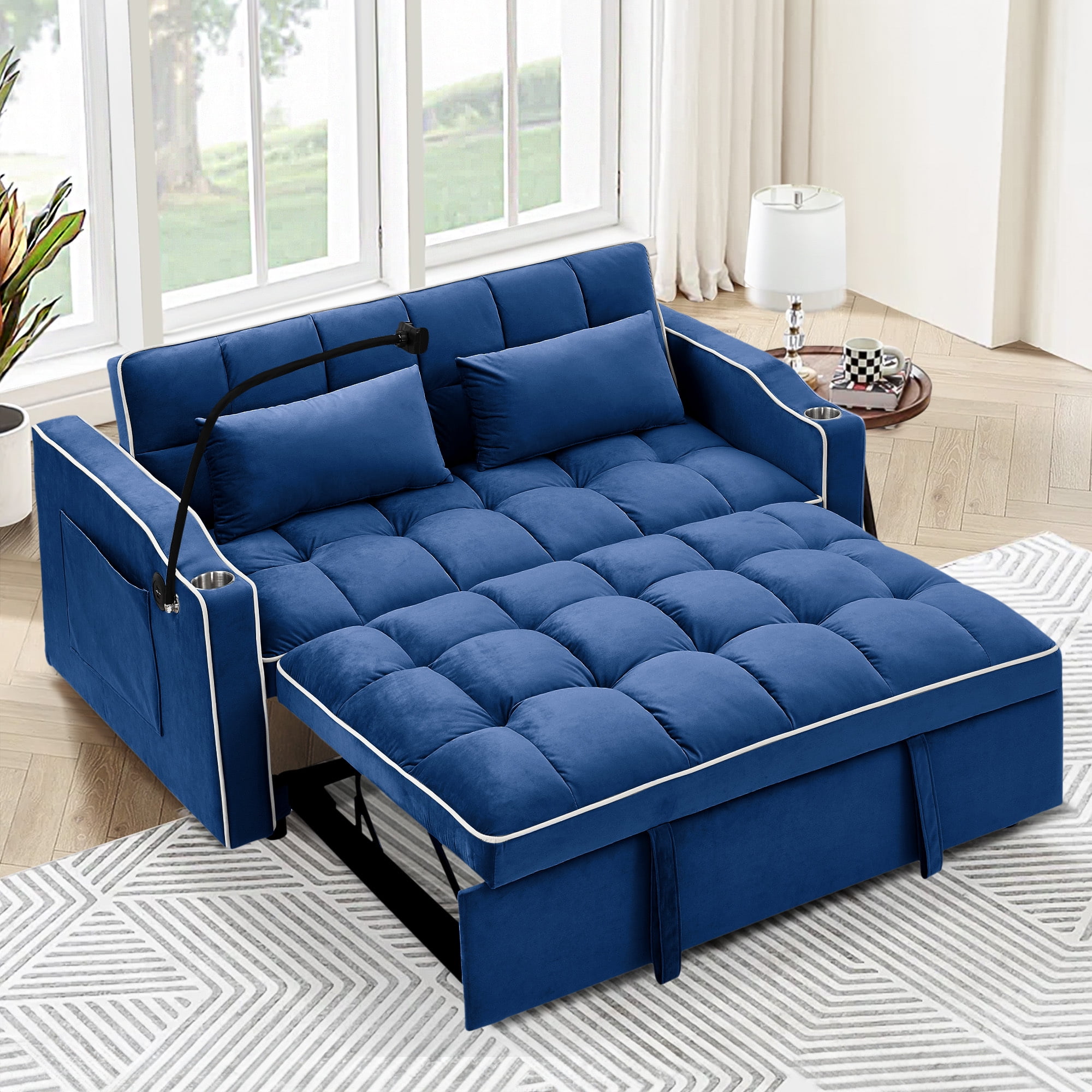 Dinosisco 4-in-1 Convertible Pull Out Sofa Bed, Loveseat Sleeper with Phone Stand, USB, Blue Velvet