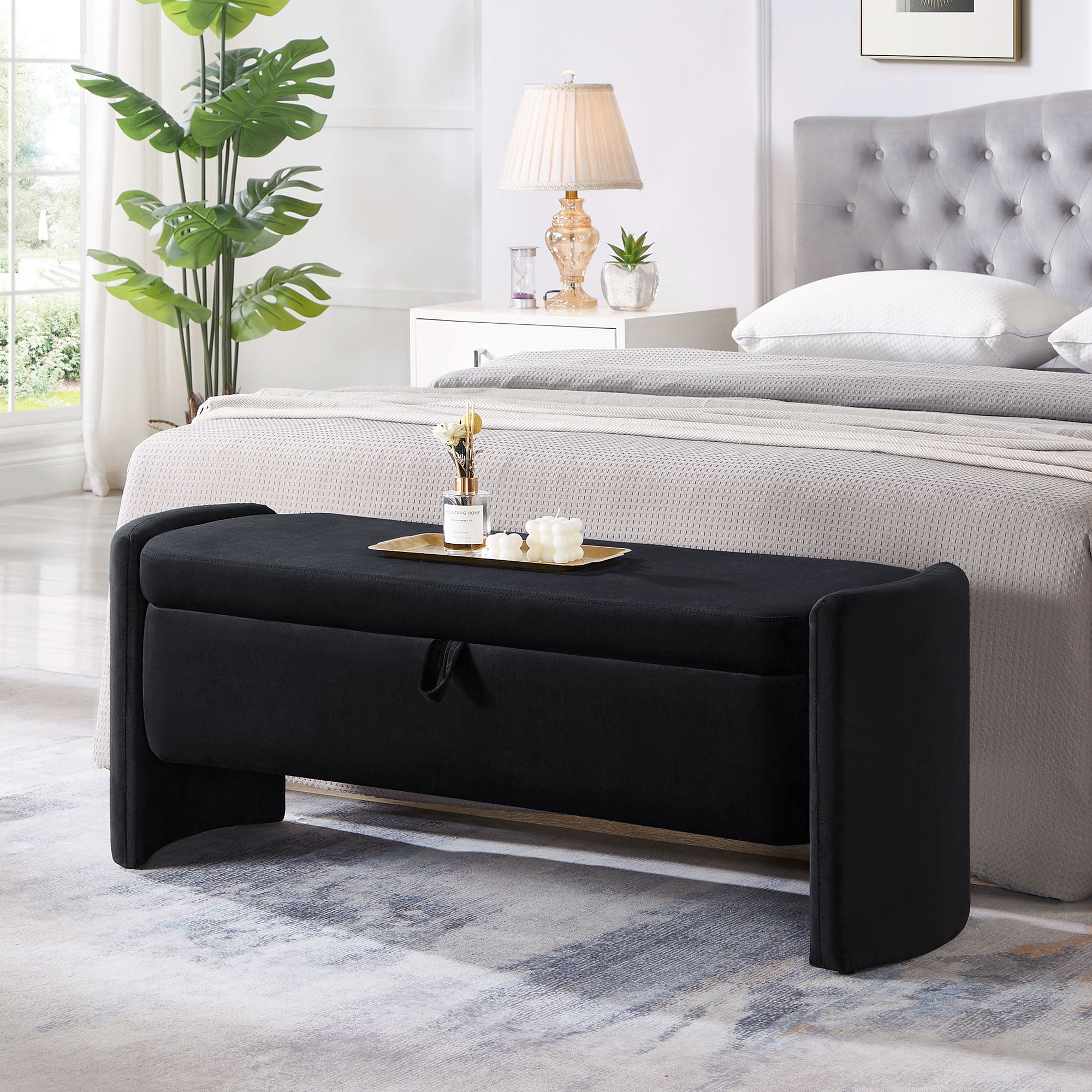 Lunale 41.73" End of Bed Bench for King Size Bed, Velvet Upholstered Storage Ottoman for Bedroom, Black