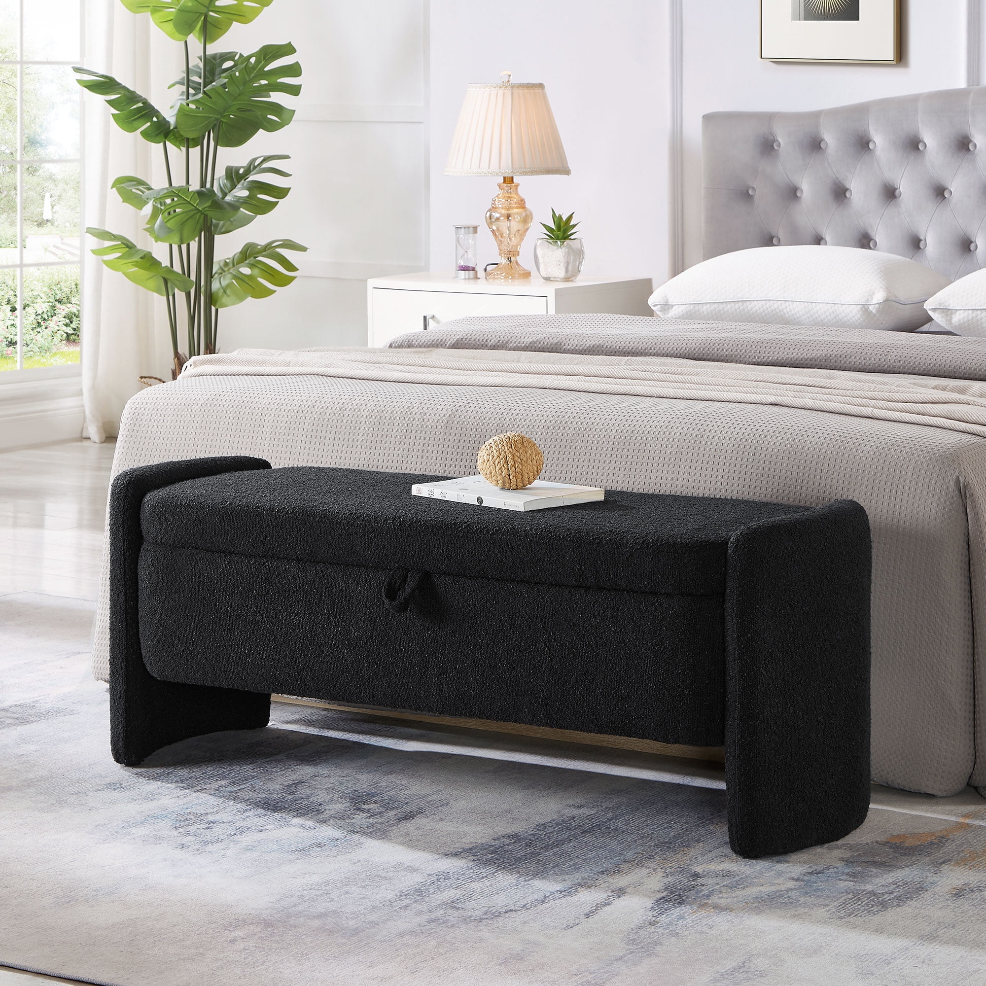 Lunale 41.73" End of Bed Storage Bench, Teddy Upholstered Storage Ottoman Benches for Bedroom, Black