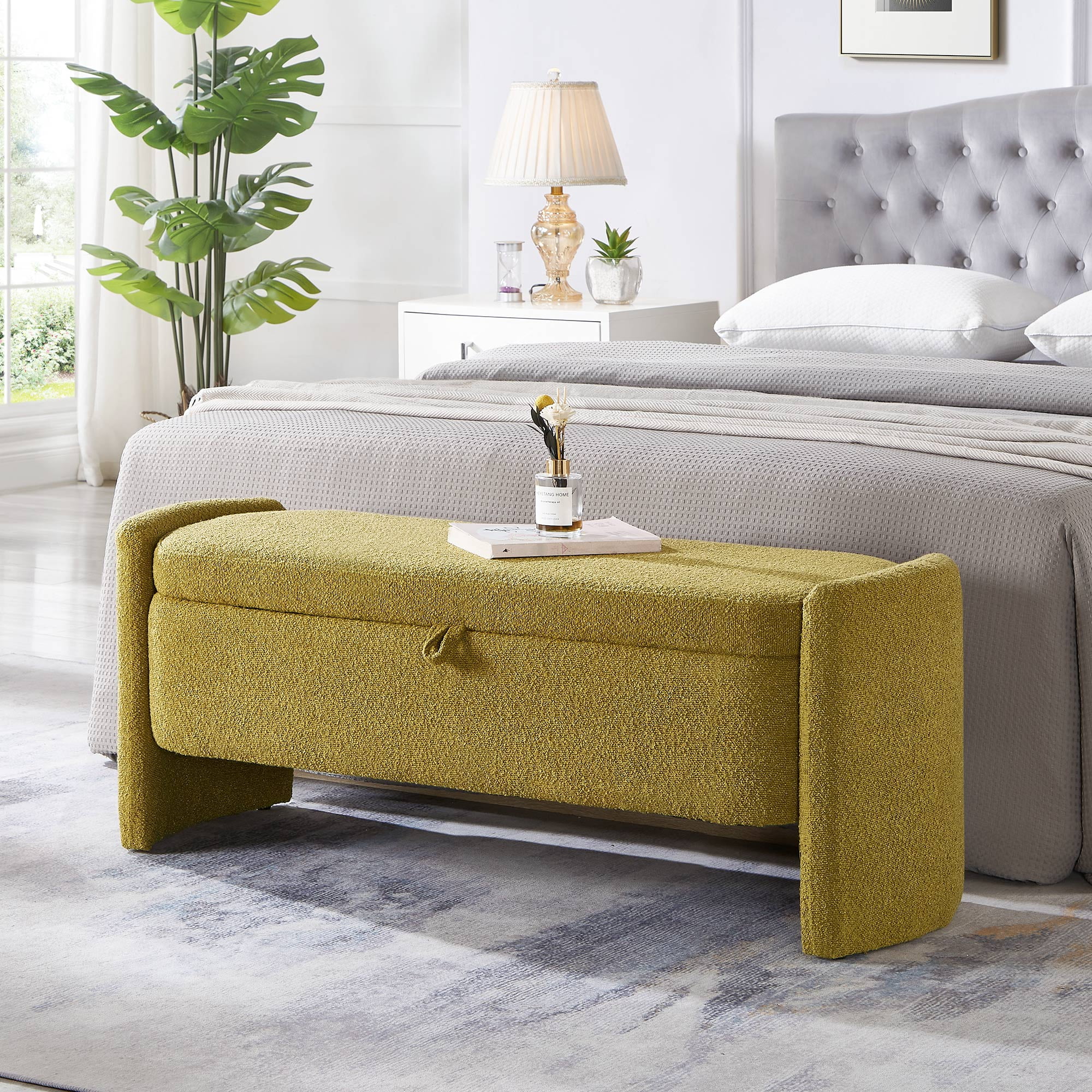 Lunale 41.73" End of Bed Storage Bench, Teddy Upholstered Storage Ottoman Benches for Bedroom, Green