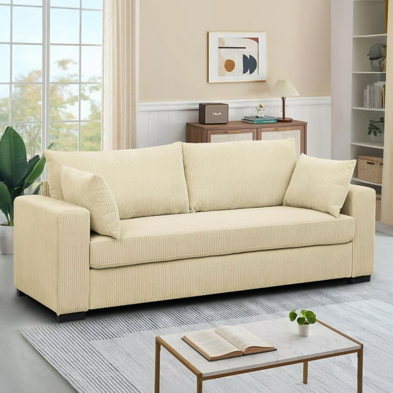 Lunale 79"L Corduroy Sofa, Deep Seat Sleeper Couch, 3-Seater Living Room Sofa, Cream