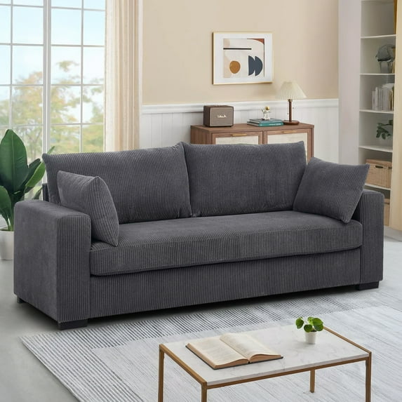 Lunale 79"L Corduroy Sofa, Deep Seat Sleeper Couch, 3-Seater Living Room Sofa, Gray