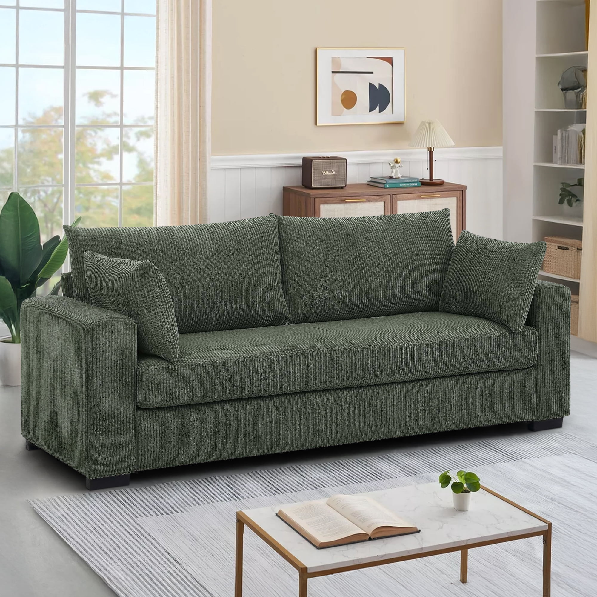 Muumblus 79"L Corduroy Sofa, Deep Seat Sleeper Couch, 3-Seater Living Room Sofa, Greens