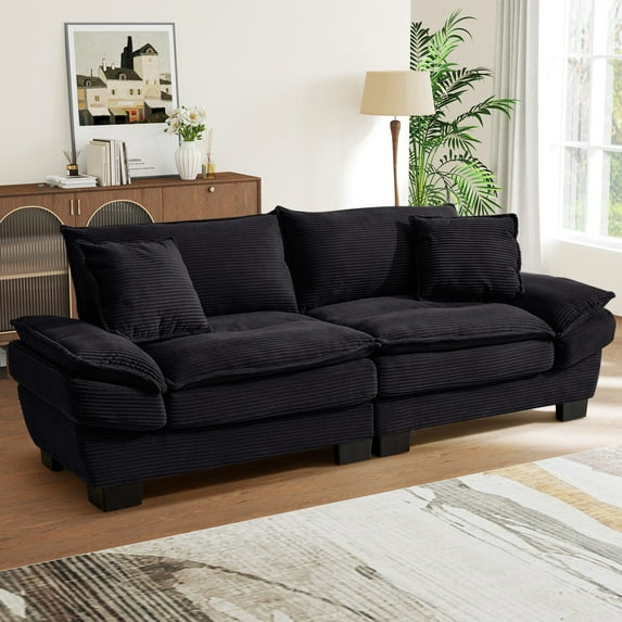 Lunale 80"L Corduroy Deep Seat Sofa, Upholstered 3-Seater Sleeper Couch for Living Room, Black