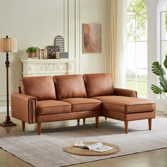 Dinosisco 82" L-Shape Sofa with Right Chaise, Suede Upholstered 3-Seater Couch for Living Room, Brown