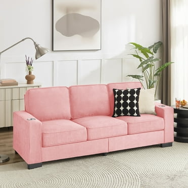 Dinosisco 83.9" Velvet Sofa with Cup Holders, Modern 3-Seater Couch for Living Room, Pink