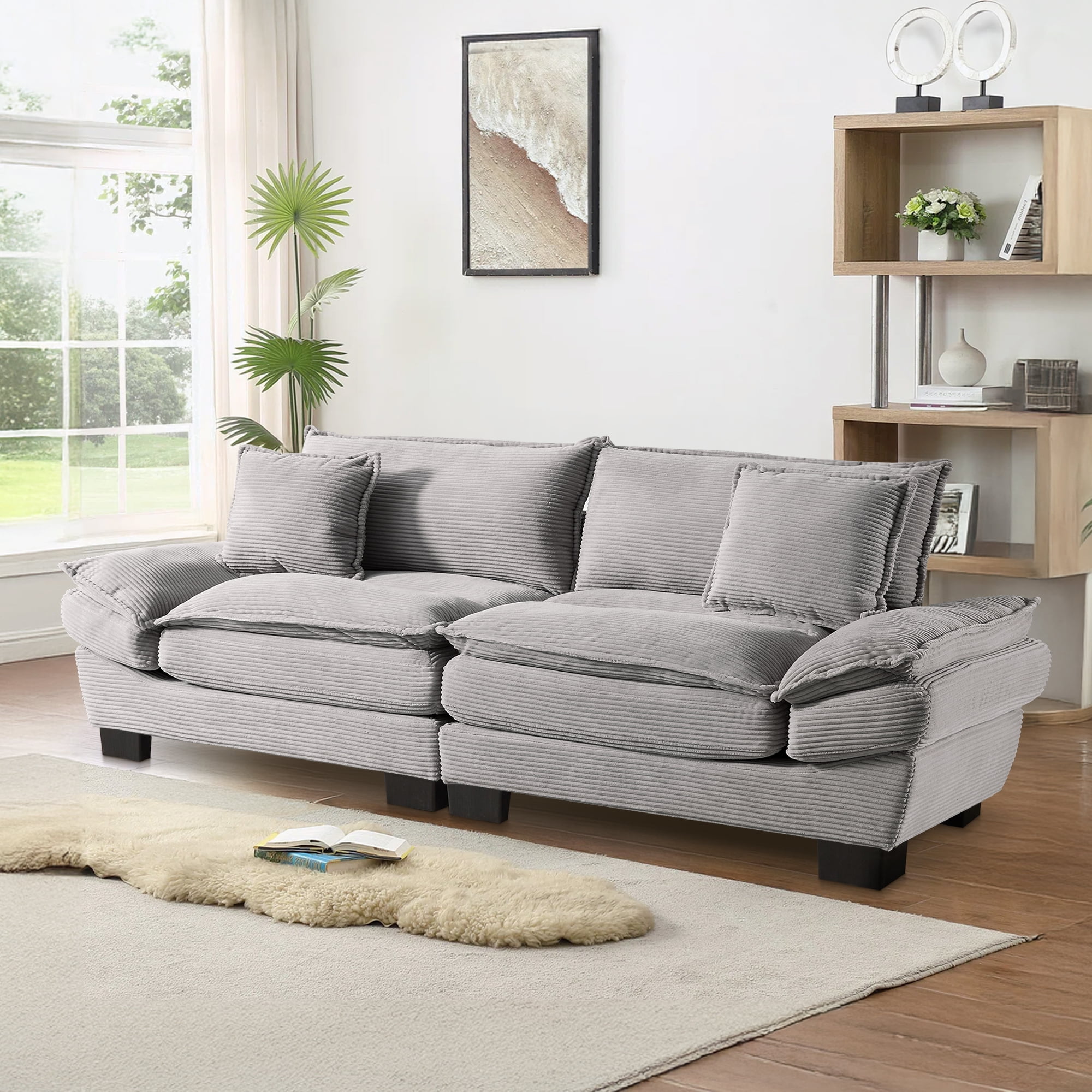Dinosisco 84"L Deep Seat Sofa, Corduroy Upholstered Sleeper Couch for Living Room, Light Gray