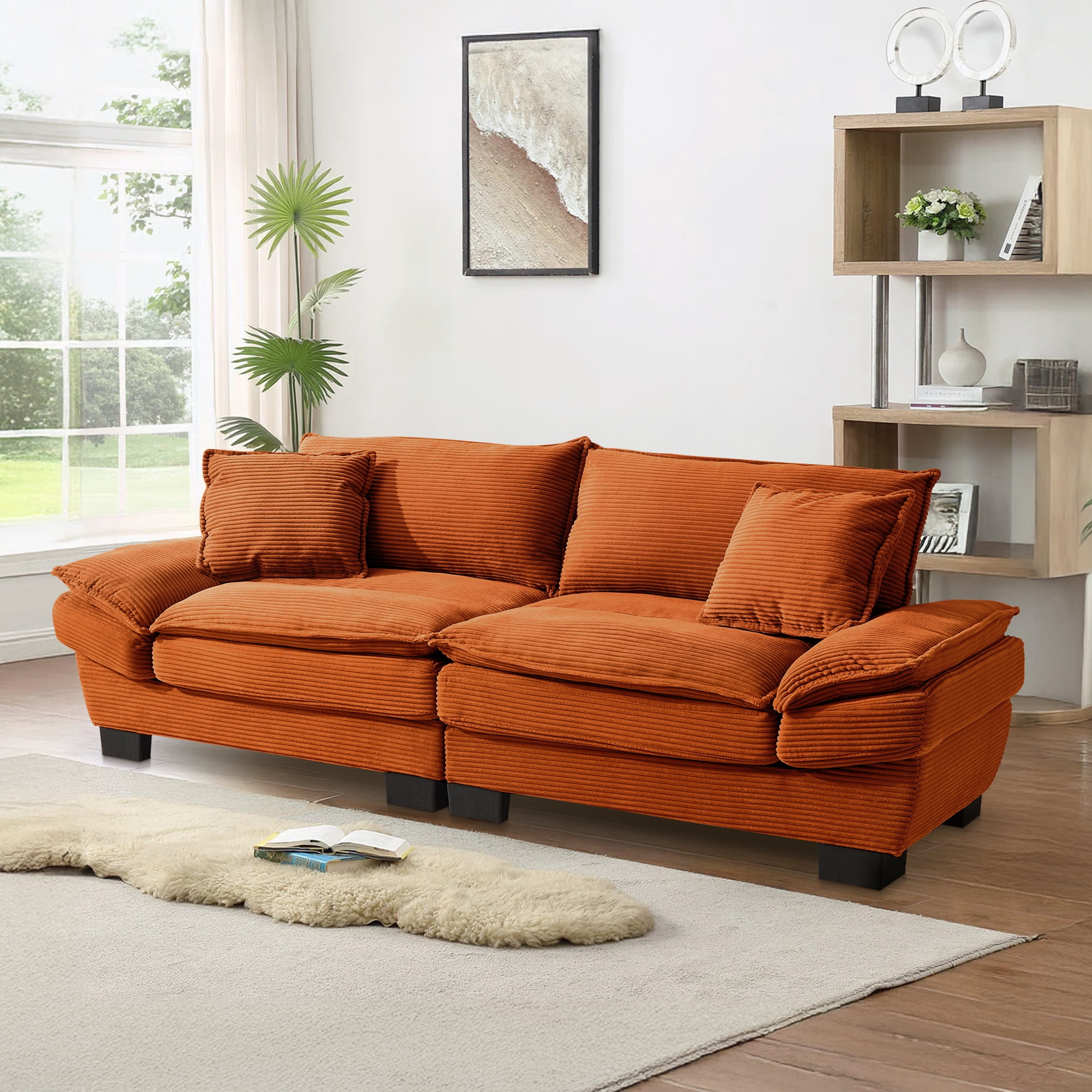 Dinosisco 84"L Deep Seat Sofa, Corduroy Upholstered Sleeper Couch for Living Room, Orange