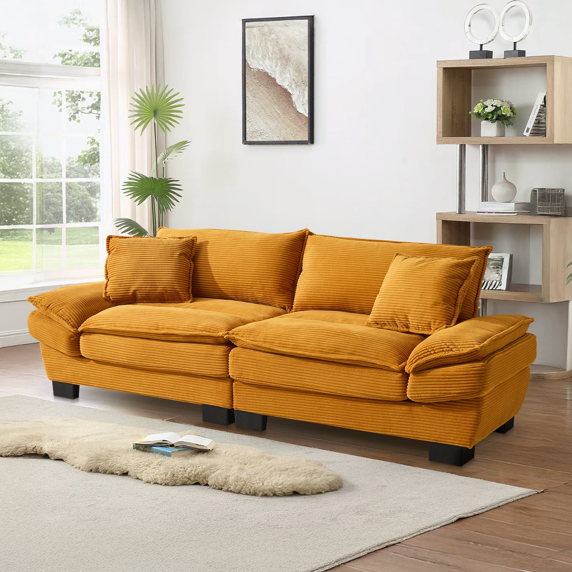 Dinosisco 84"L Deep Seat Sofa, Corduroy Upholstered Sleeper Couch for Living Room, Yellow