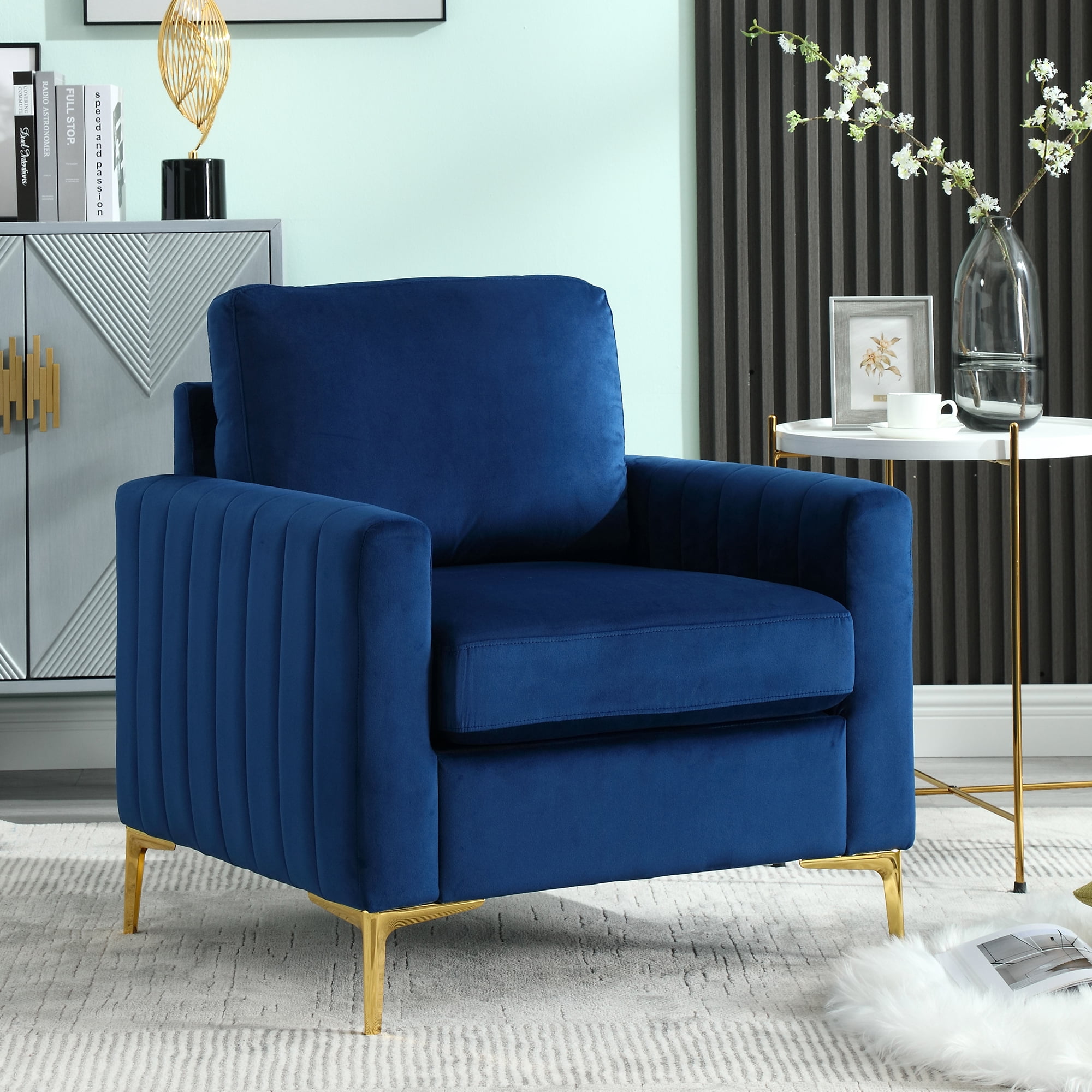 Dinosisco Accent Armchair for Living Room, Modern Upholstered Club Chair in Navy Blue Velvet