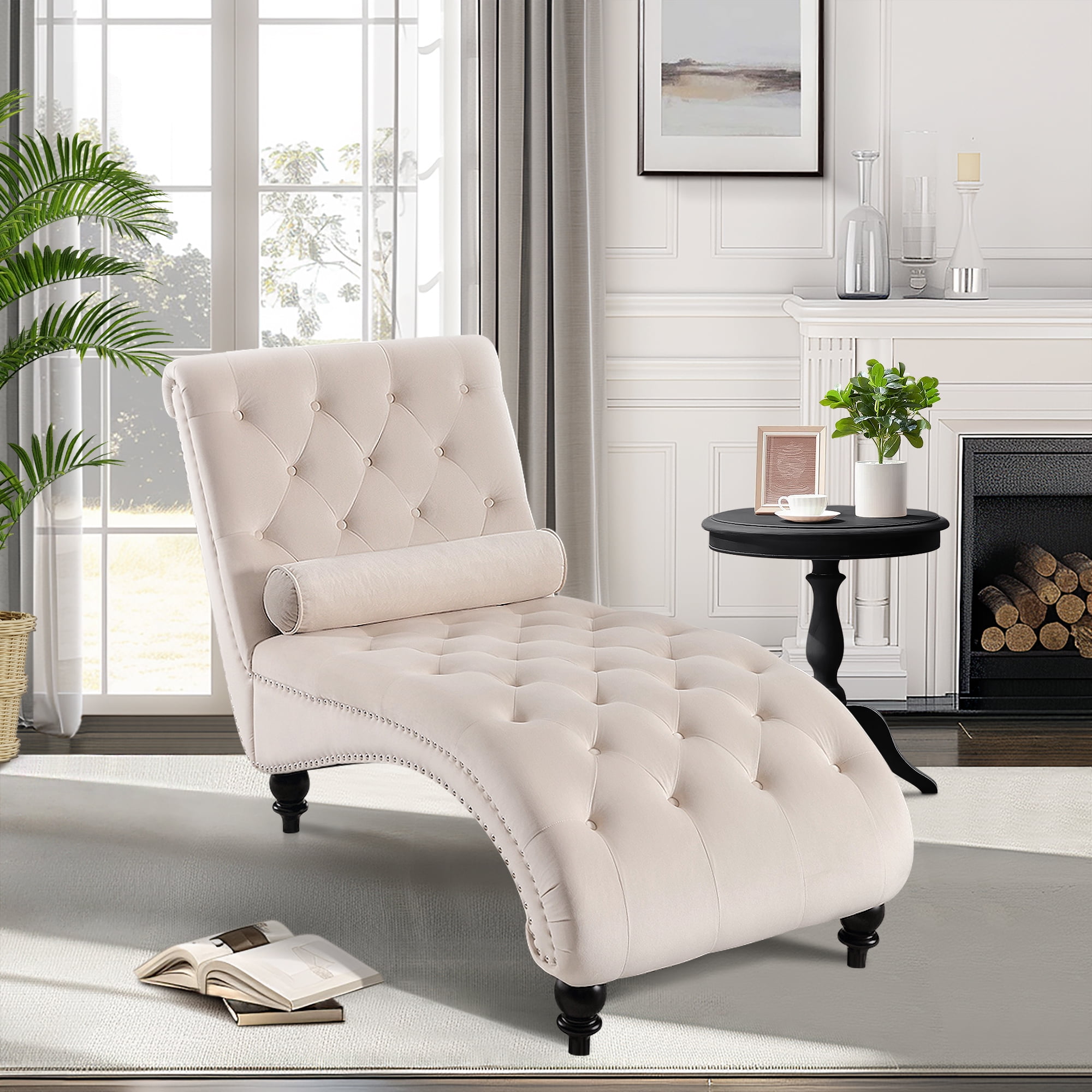 Lunale Chaise Lounge Indoor, Tufted Upholstered Accent Chair for Living Room, Beige Velvet