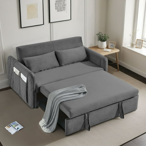 Lunale Convertible Loveseat Sleeper for Living Room, Modern Upholstered Futon Sofa Bed in Gray