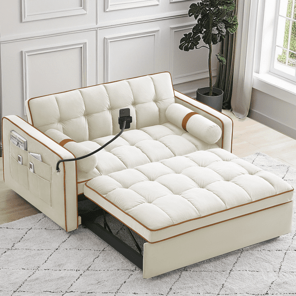 Lunale Convertible Pull Out Sofa Bed with Phone Stand, Tufted Loveseat Sleeper Sofa Bed for Living Room, Beige Velvet