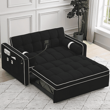 Dinosisco Convertible Pull Out Sofa Bed with Phone Stand, Tufted Loveseat Sleeper Sofa Bed for Living Room, Black Velvet