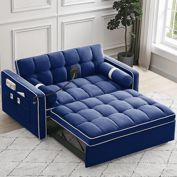 Lunale Convertible Pull Out Sofa Bed with Phone Stand, Tufted Loveseat Sleeper Sofa Bed for Living Room, Blue Velvet