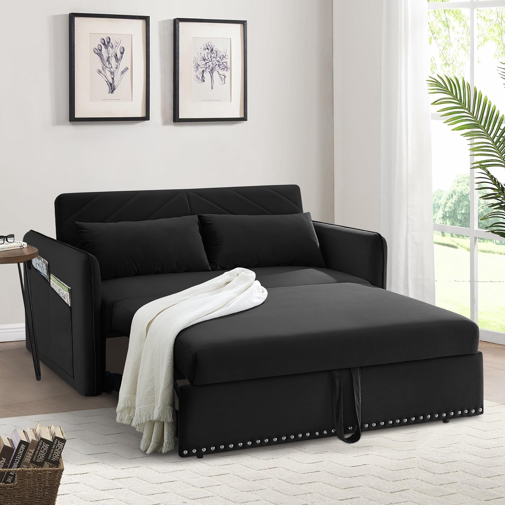 Dinosisco Convertible Sleeper Loveseat with USB, 55" Velvet Futon Sofa Bed, Black