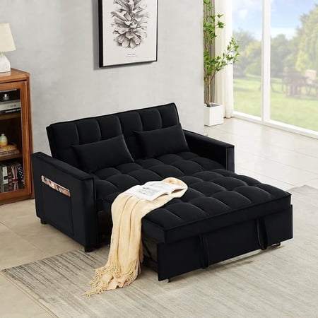 Muumblus 55" Pull Out Futon Sofa Bed, Convertible Sleeper Loveseat with Adjsutable Backrest, Modern Velvet Couch for apartment, Black
