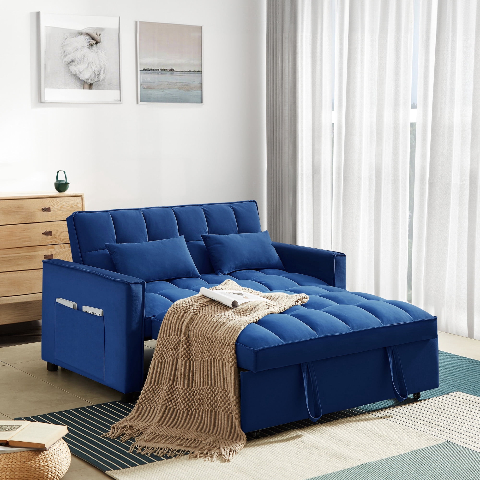 Dinosisco Convertible Sofa Bed, 55" Pull Out Sofa Bed - Tufted Velvet Loveseat Sleeper Sofa Couch for Living Room, Blue