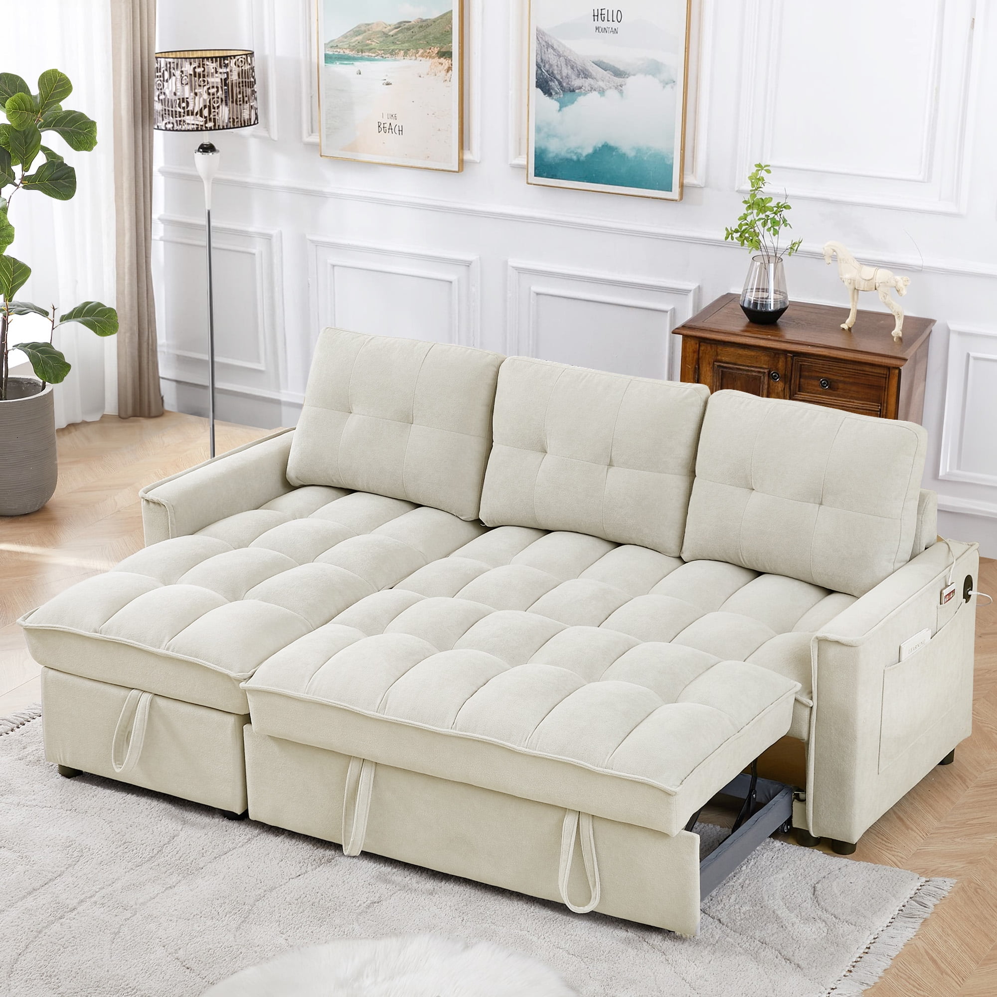 Lunale Convertible Sofa Bed with Reversible Storage Chaise, Sleeper Sectional Sofa with USB Charging Ports, L-Shaped Sectional Sofa for Apartment, Beige Chenille
