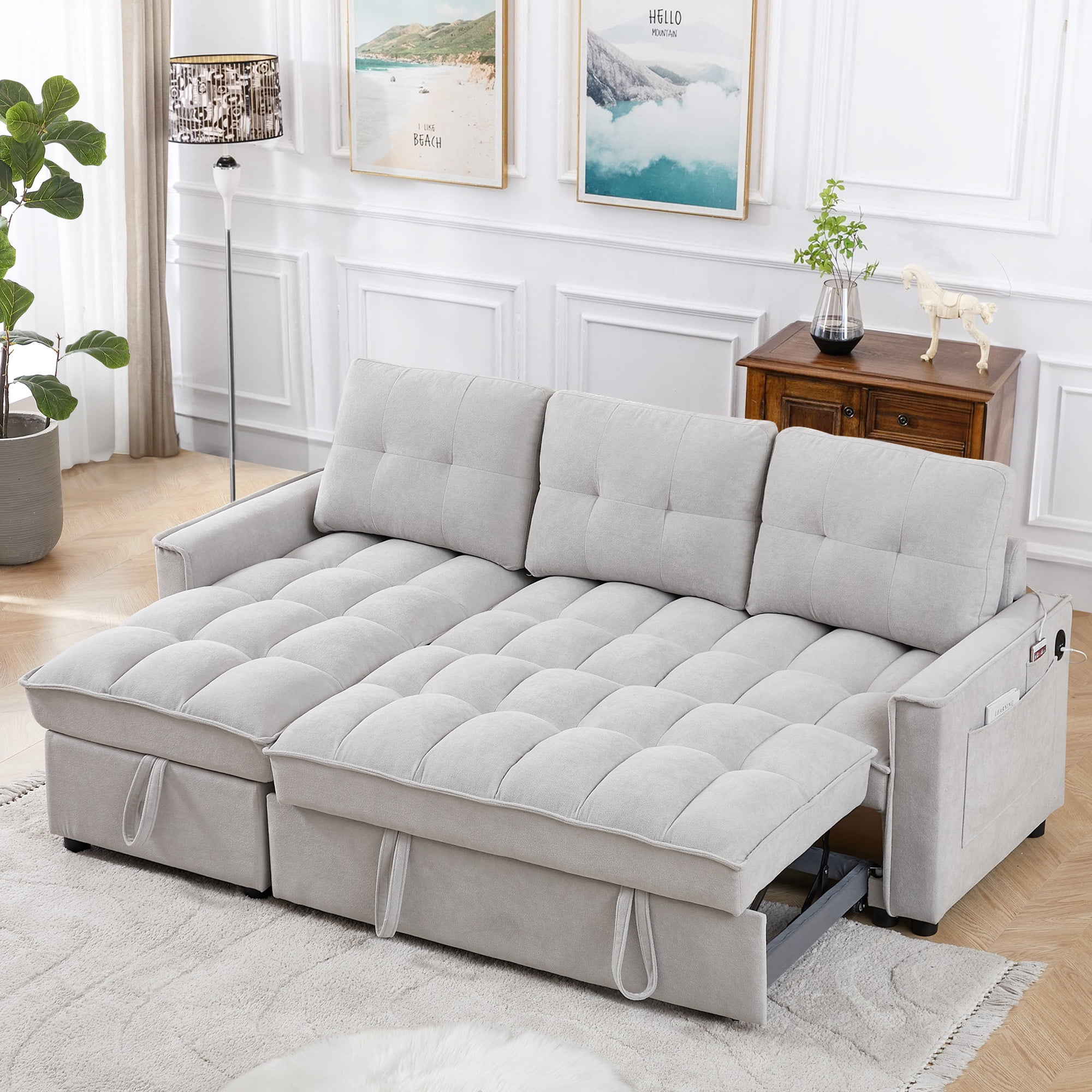 Lunale Convertible Sofa Bed with Reversible Storage Chaise, Sleeper Sectional Sofa with USB Charging Ports, L-Shaped Sectional Sofa for Apartment, Light Gray Chenille