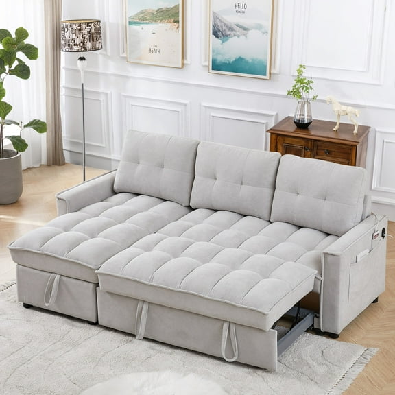 Lunale Convertible Sofa Bed with Reversible Storage Chaise, Sleeper Sectional Sofa with USB Charging Ports, L-Shaped Sectional Sofa for Apartment, Light Gray Chenille