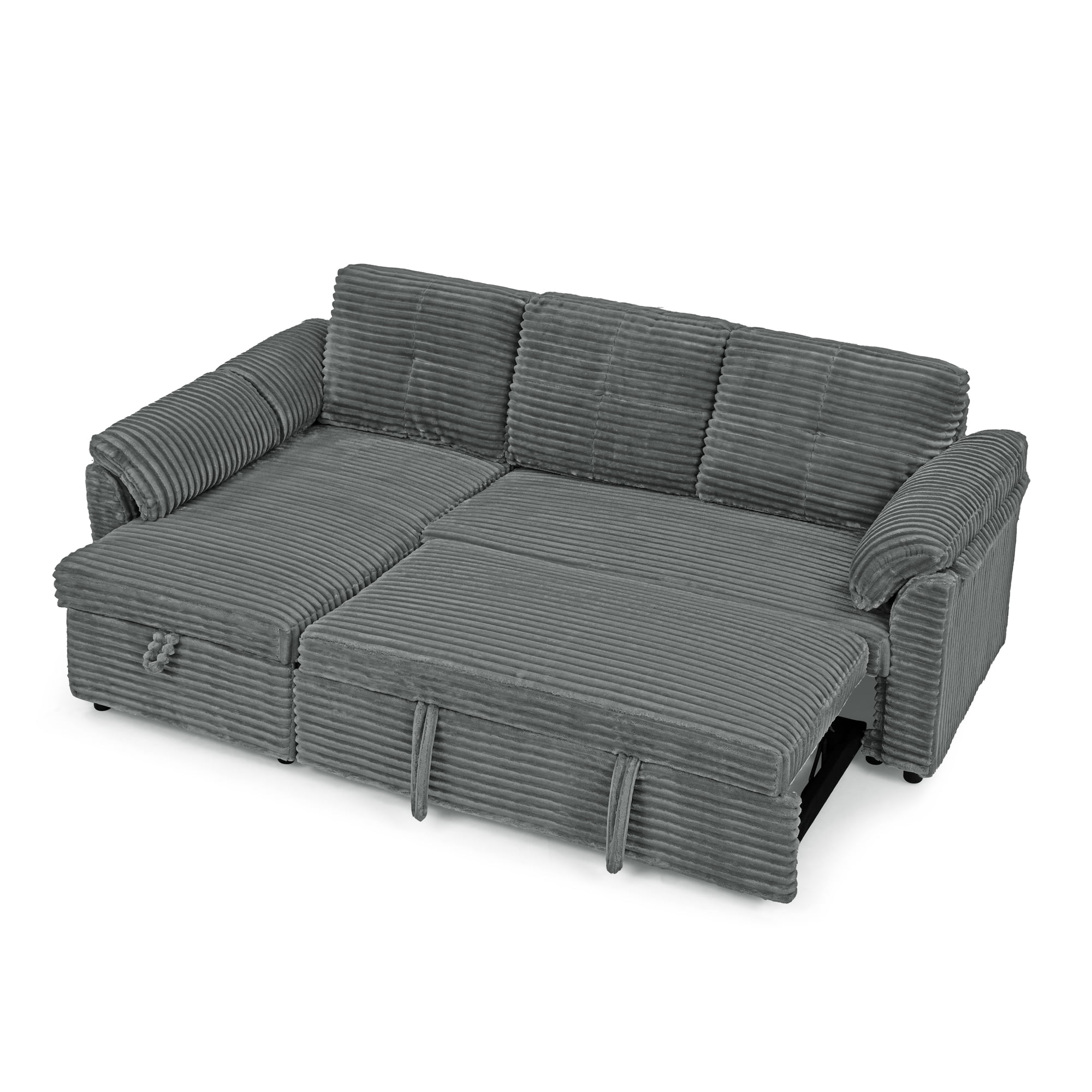 Dinosisco Convertible Sofa Bed with Storage Chaise, Corduroy Sectional Sleeper Sofa Couch for Living Room, Gray
