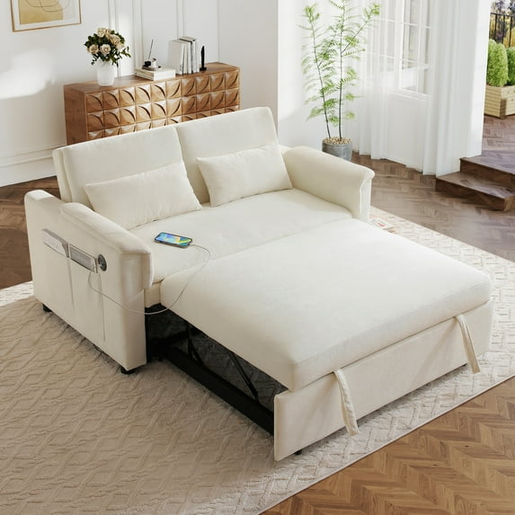Lunale Convertible Sofa Bed with USB, 55" Loveseat Sleeper for Living Room, Apt, Beige Velvet