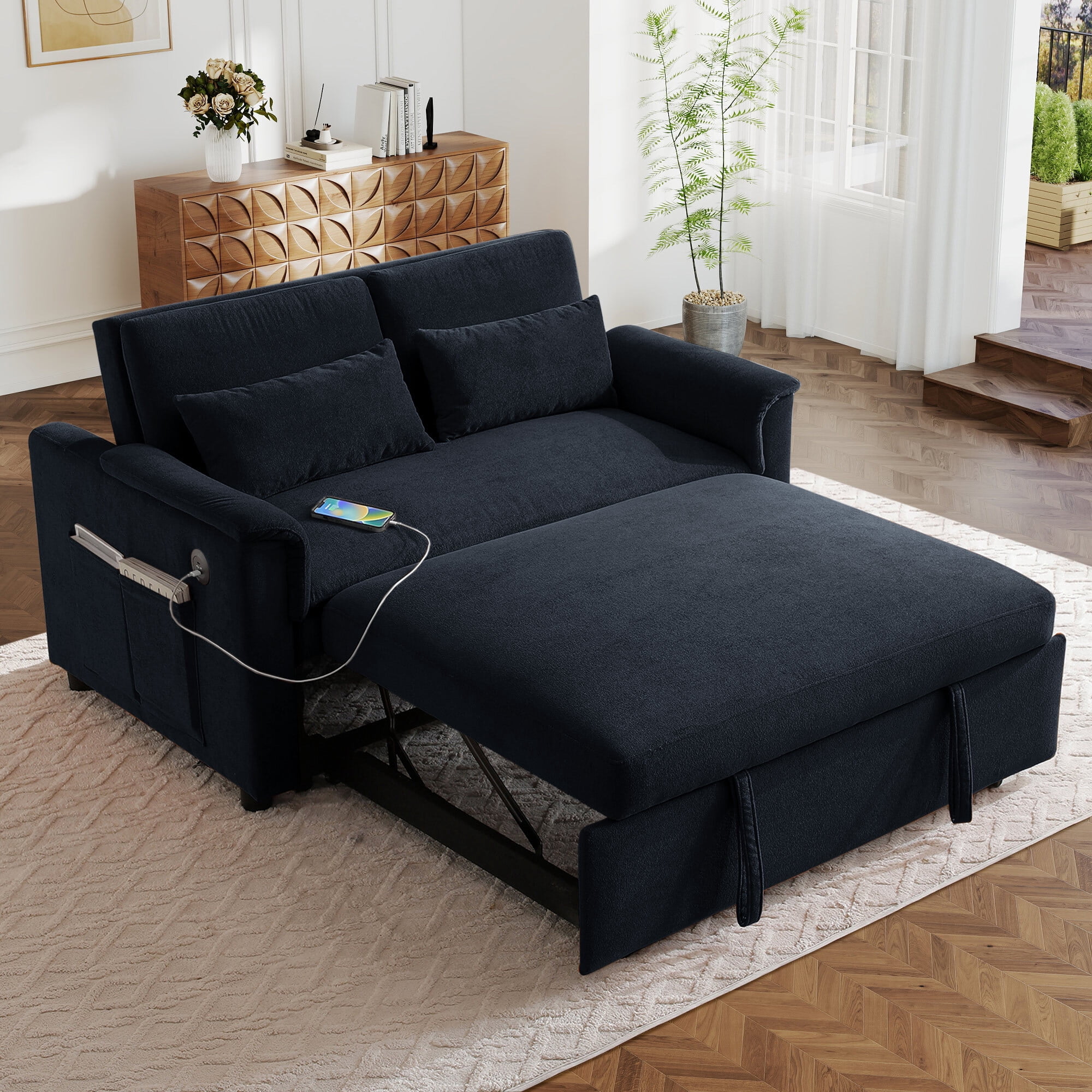 Lunale Convertible Sofa Bed with USB, 55" Loveseat Sleeper for Living Room, Apt, Black Velvet