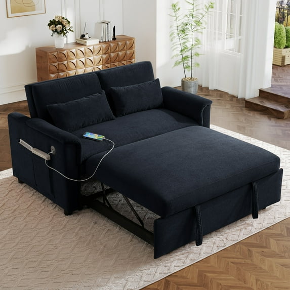 Lunale Convertible Sofa Bed with USB, 55" Loveseat Sleeper for Living Room, Apt, Black Velvet