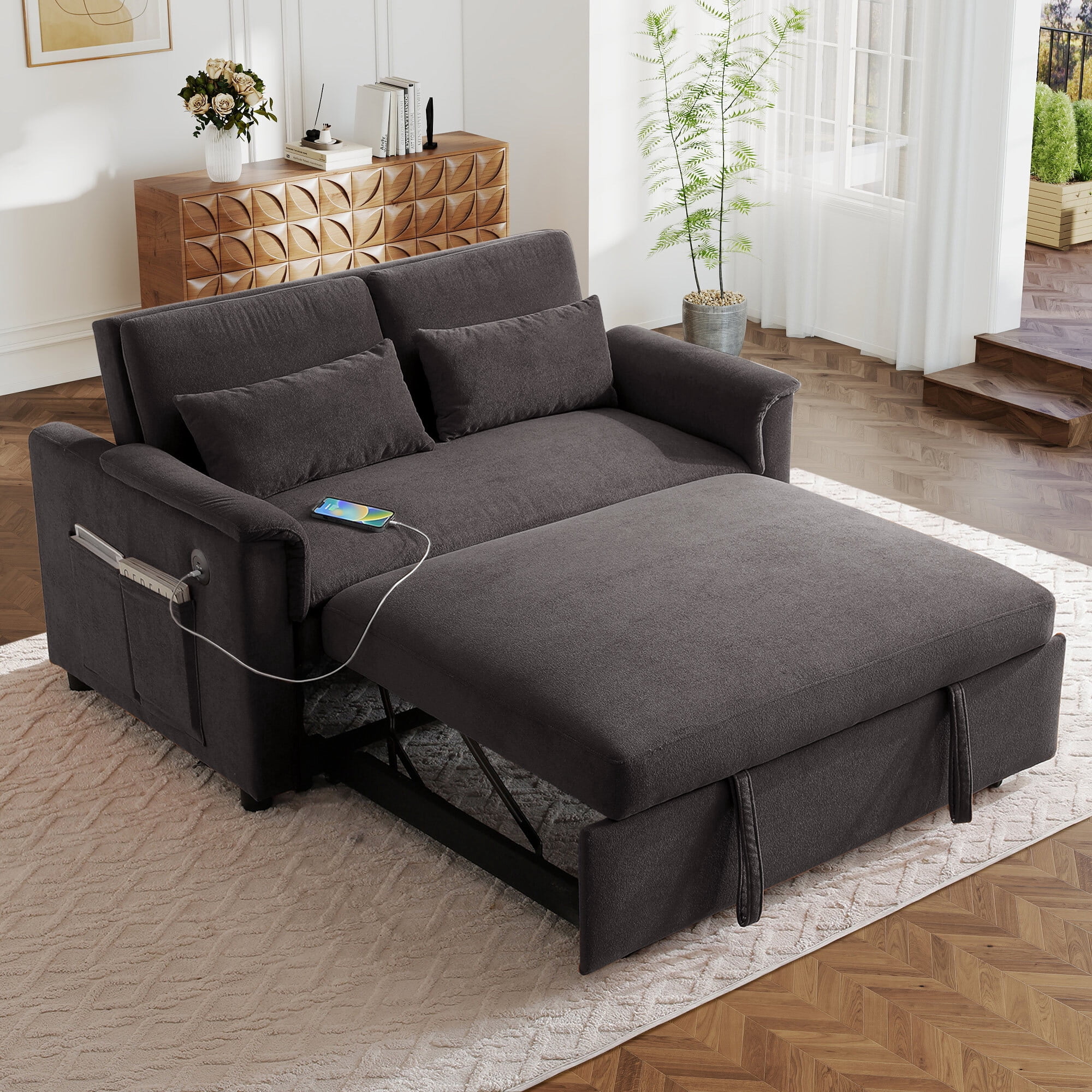 Lunale Convertible Sofa Bed with USB, 55" Loveseat Sleeper for Living Room, Apt, Gray Velvet