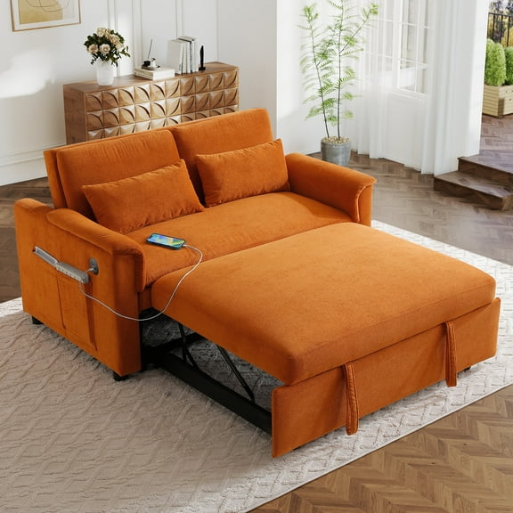 Lunale Convertible Sofa Bed with USB, 55" Loveseat Sleeper for Living Room, Apt, Orange Velvet