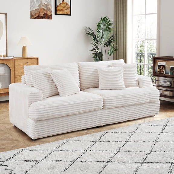 Dinosisco Corduroy Sofa Couch, Upholstered 3-Seater Deep Seat Couch for Living Room, White