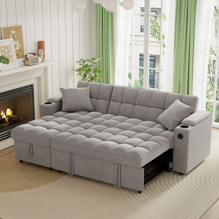 Muumblus Queen Size Convertible Sectional Sleeper Sofa with Storage & USB, Adjustable Backrest, Reversible L-Shaped Pull Out Couch Bed for Living Room, Guest Room, Gray Velvet