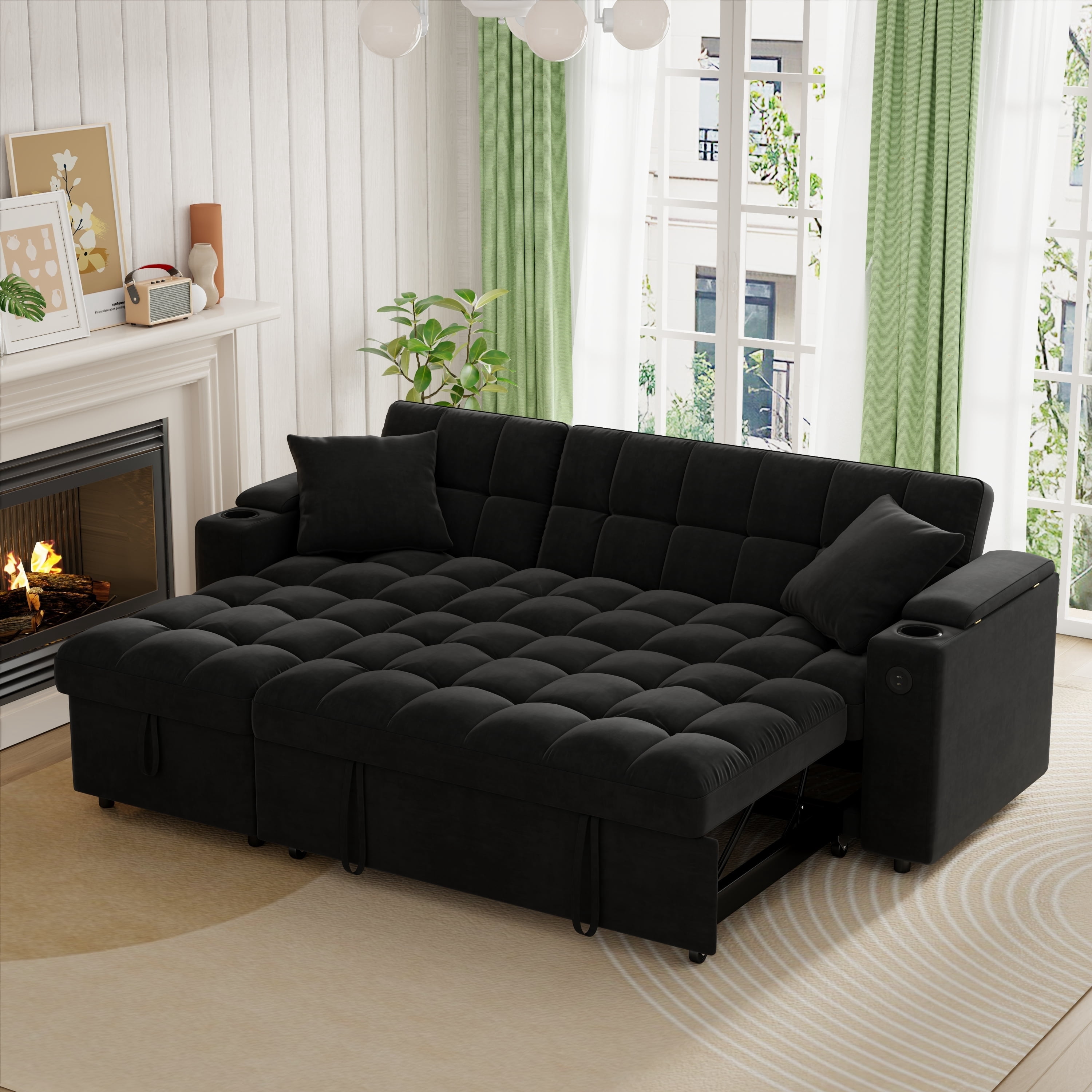 Muumblus Queen Size Convertible Sectional Sleeper Sofa with Storage & USB, Adjustable Backrest, Reversible L-Shaped Pull Out Couch Bed for Living Room, Guest Room, Black Velvet