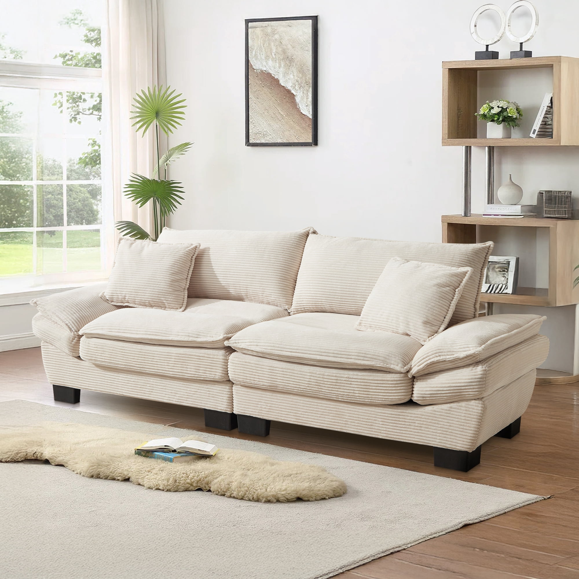 Dinosisco 84"L Deep Seat Sofa, Corduroy Upholstered Sleeper Couch for Living Room, Beige