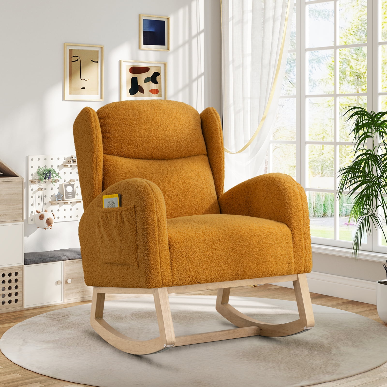 Lunale Indoor Rocking Chair, Upholstered Accent Rocker Chair with Wood Legs, Yellow Teddy