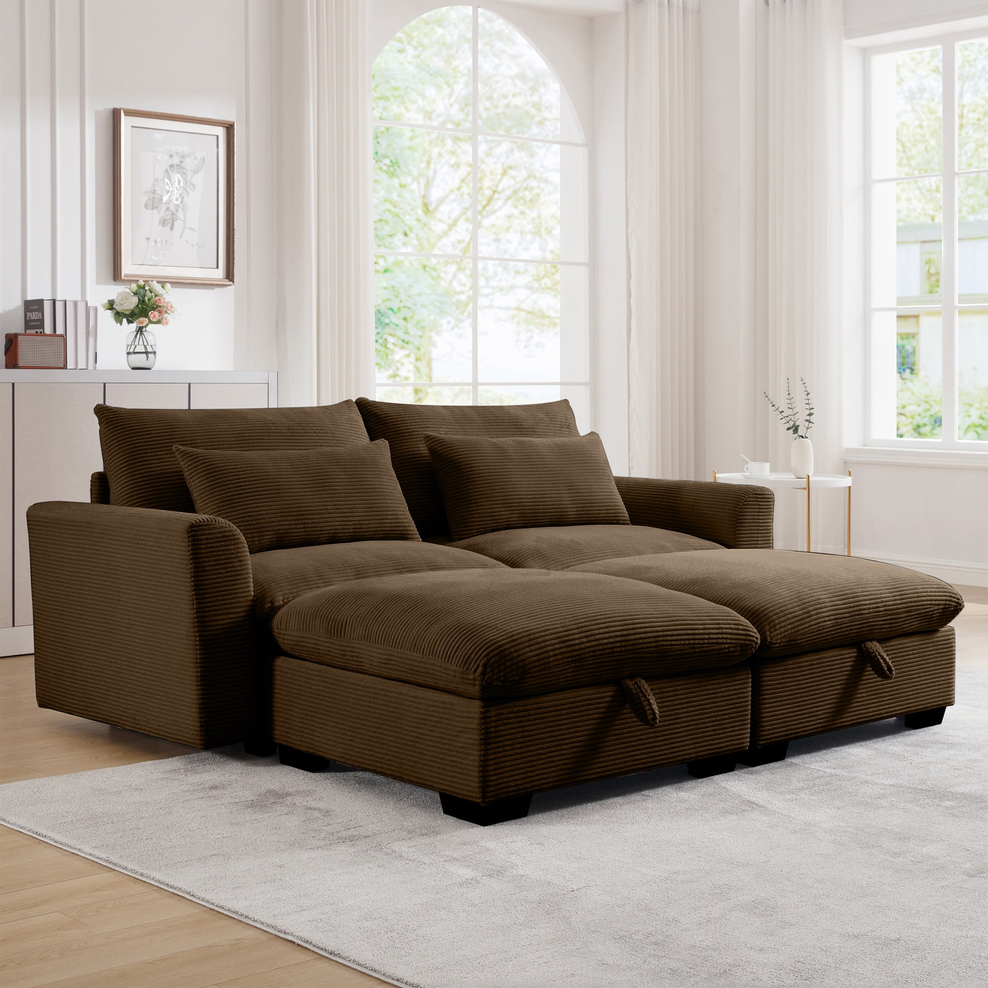 Dinosisco Loveseat with Two Storage Ottomans, U-Shaped Sleeper Sofa for ...