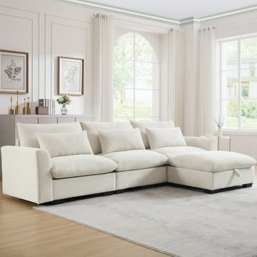 Dinosisco Modular Sectional Sofa with Storage Ottoman, L-Shaped Sleeper Couch for Living Room, Beige Corduroy